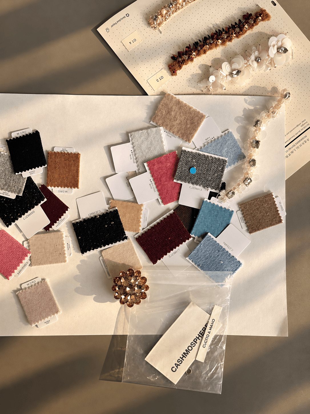 Cashmere swatches, embellishments and the Cashmosphere label