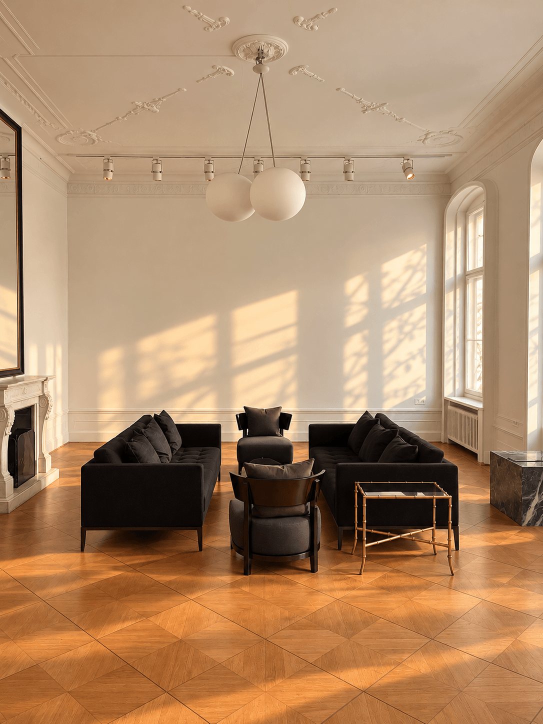 The Berlin showroom salon with stucco ceiling and herringbone parquet
